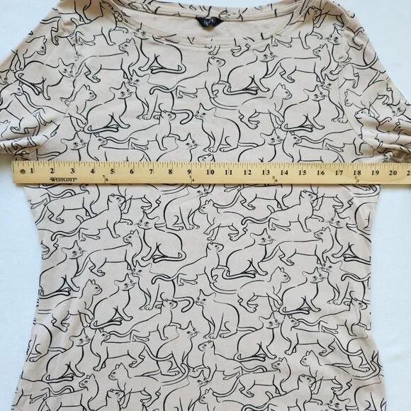 Kitty Cat Print Top Shirt Tan Black Whimsigoth Witchy Halloween Spirit Fairycore - Picture 12 of 15